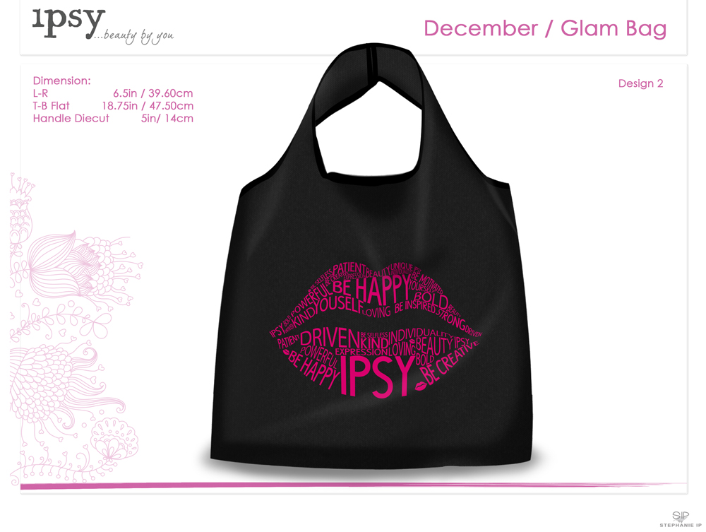 Ipsy Rendering - Black Glam Bag with pink lips made of words