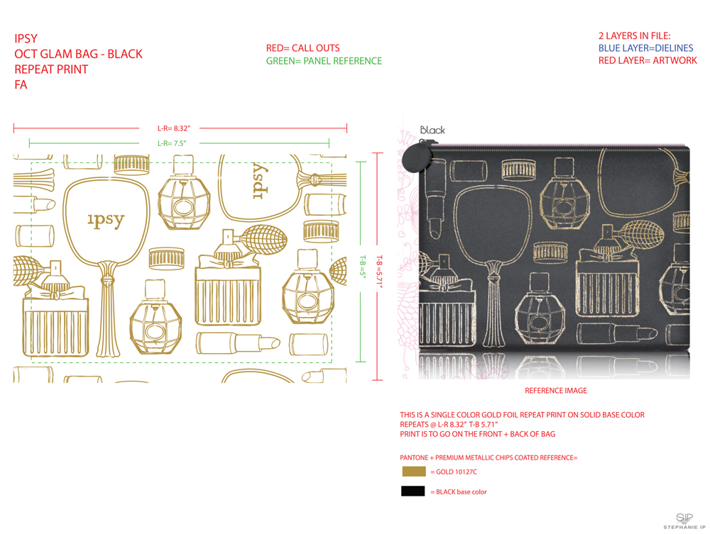 Ipsy Factory Artwork - Technical Details for Black Flat Pouch